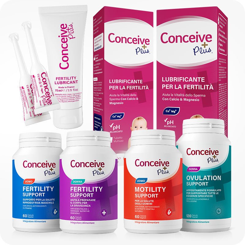 Conceive Plus Maximum Fertility Support (IT) bundle showing fertility lubricant tubes, pre-filled applicators, lubricant boxes, and four supplement bottles for men and women fertility, motility, and ovulation support, all arranged together to highlight comprehensive fertility and reproductive health solutions.