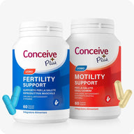 Conceive Plus Motility Bundle (IT) showing two bottles—Men's Fertility Support in blue and Motility Support in red—designed for male reproductive health, with capsules placed beside each bottle and Italian-language labeling clearly visible.