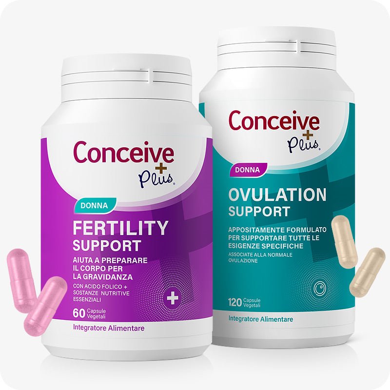Conceive Plus Ovulation Bundle (IT) featuring two Italian-labeled supplement bottles — Women's Fertility Support with purple label and Ovulation Support with teal label — displayed on a white background with visible pink and beige capsules in foreground.
