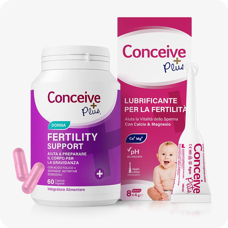 Conceive Plus Women's Combo - Fertility Support + Applicators (IT) featuring a white and purple bottle of women’s fertility support with pink capsules on left, a magenta and white box of fertility lubricant applicators in Italian at center, and one white pre-filled applicator standing upright on right, with a baby image and calcium-magnesium highlights on packaging.