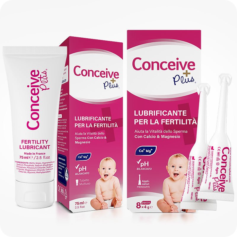 Conceive Plus Duo Combo - Fertility Lubricant (IT) featuring a 75ml fertility lubricant tube, multi-use and pre-filled applicator boxes in Italian packaging with pink and white design, calcium and magnesium ion icons, and baby graphic for fertility branding, set against a white background.