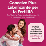 Promotional graphic in Italian for 'Conceive Plus Lubrificante per la Fertilità' on a magenta background, featuring a smiling couple and text highlighting calcium and magnesium benefits.
