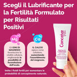 A hand holding a white tube of Conceive Plus Fertility Lubricant against a bright pink background with Italian text explaining its benefits for fertility and natural conception.