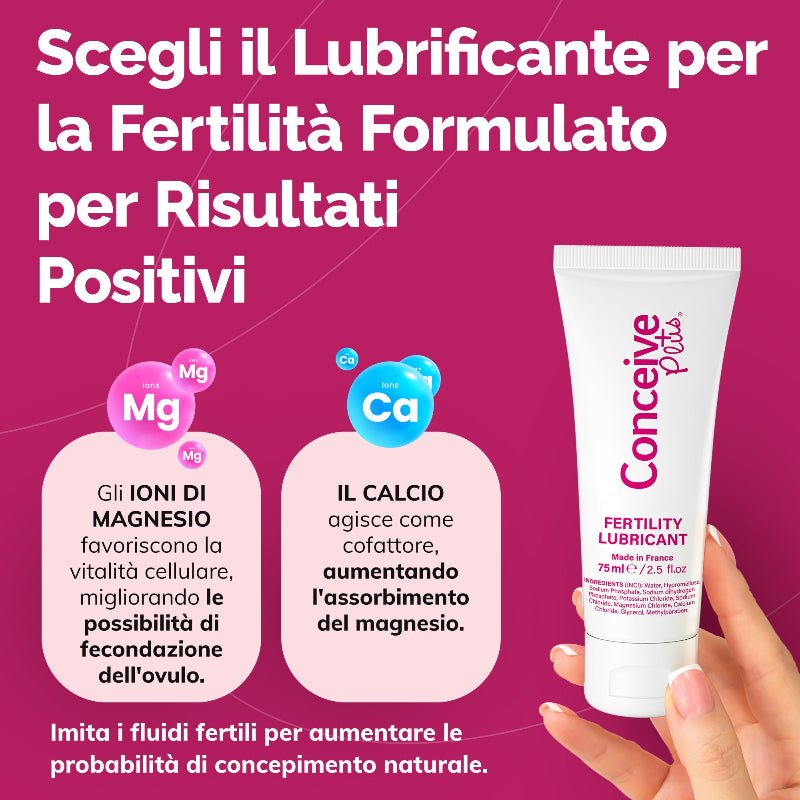 A hand holding a white tube of Conceive Plus Fertility Lubricant against a bright pink background with Italian text explaining its benefits for fertility and natural conception.