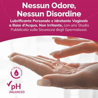 Italian promotional graphic for a water-based personal lubricant and vaginal moisturizer. The top half is magenta with white text reading 'Nessun Odore, Nessun Disordine' and descriptive copy.