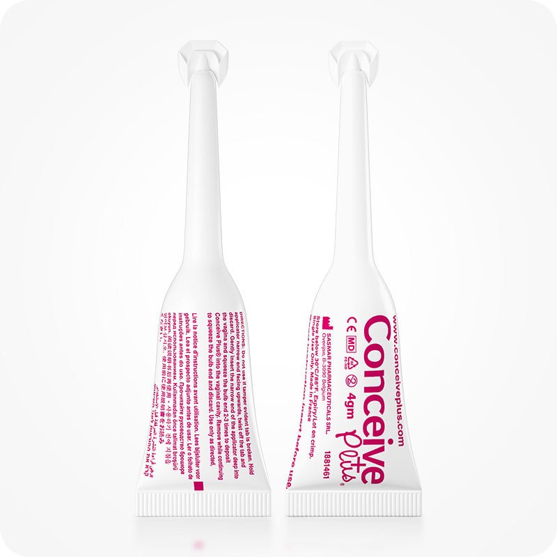 Conceive Plus Fertility Lubricant Combo Saver (IT) featuring front and back views of two 4g pre-filled applicators with Italian labeling, highlighting single-use design and CE medical device markings for fertility support.