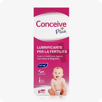 Conceive Plus Fertility Lubricant Combo Saver (IT) featuring 8x4g box of pre-filled applicators with Italian labeling, featuring a smiling baby image and two white applicators placed upright in front.