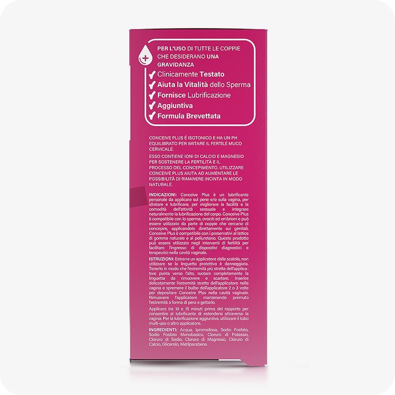 Conceive Plus Fertility Lubricant Combo Saver (IT) 8x4g pre-filled fertility lubricant applicators packaging side panel with Italian text explaining product benefits, directions, formula details, and full ingredient list for sperm-friendly conception support.