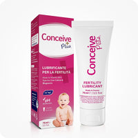 Conceive Plus Fertility Lubricant Combo Saver (IT) featuring a 75ml fertility lubricant tube alongside its Italian-labeled retail box with pink and white design, showing pH-balanced formula and baby graphic for conception support.