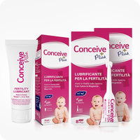 Conceive Plus Fertility Lubricant Combo Saver (IT) featuring a 75ml fertility lubricant tube, two pink-labeled boxes with Italian text, and a pre-filled applicator in front, all arranged on a white background with baby imagery and clear branding for conception support.