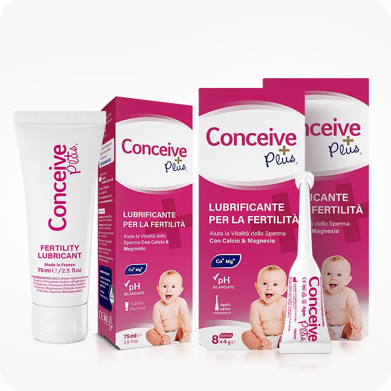 Conceive Plus Fertility Lubricant Combo Saver (IT) featuring a 75ml fertility lubricant tube, two pink-labeled boxes with Italian text, and a pre-filled applicator in front, all arranged on a white background with baby imagery and clear branding for conception support.