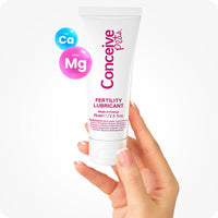 Conceive Plus Fertility Lubricant Combo Saver (IT) featuring a 75ml tube held between fingers with visible Ca and Mg ion bubbles, representing calcium and magnesium  benefits for sperm vitality and conception.