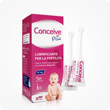 Conceive Plus Fertility Lubricant Combo Saver (IT) featuring a pink-labeled box of 8x4g pre-filled applicators with Italian text, alongside three white applicators positioned upright, designed to support sperm vitality and conception.