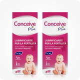 Conceive Plus Fertility Lubricant Combo Saver (IT) featuring a 2-pack of 8x4g pre-filled applicator boxes in Italian, featuring pink and white packaging with baby imagery and claims of calcium and magnesium for sperm vitality.