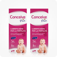Conceive Plus Fertility Lubricant Combo Saver (IT) featuring a 2-pack of 8x4g pre-filled applicator boxes in Italian, featuring pink and white packaging with baby imagery and claims of calcium and magnesium for sperm vitality.