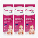 Conceive Plus Fertility Lubricant Combo Saver (IT) featuring a 3-pack of 75ml boxes with Italian labeling, featuring pink and white design, pH-balanced formula, and baby illustration promoting sperm vitality with calcium and magnesium.