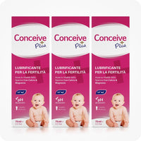 Conceive Plus Fertility Lubricant Combo Saver (IT) featuring a 3-pack of 75ml boxes with Italian labeling, featuring pink and white design, pH-balanced formula, and baby illustration promoting sperm vitality with calcium and magnesium.