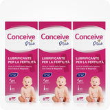 Conceive Plus Fertility Lubricant Combo Saver (IT) featuring a 3-pack of 8x4g pre-filled applicator boxes with Italian text, baby imagery, and claims of pH balance and calcium-magnesium support for sperm vitality.