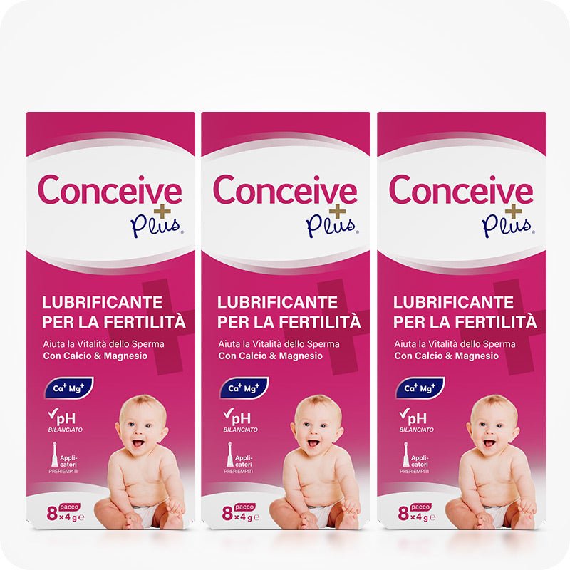 Conceive Plus Fertility Lubricant Combo Saver (IT) featuring a 3-pack of 8x4g pre-filled applicator boxes with Italian text, baby imagery, and claims of pH balance and calcium-magnesium support for sperm vitality.