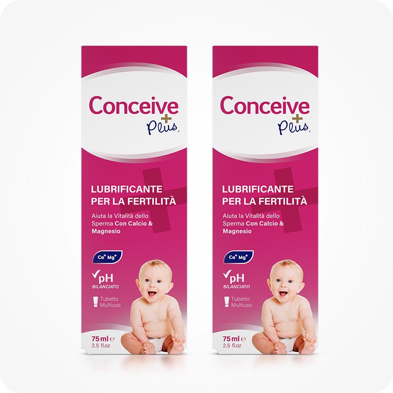 Conceive Plus Fertility Lubricant Combo Saver (IT) featuring a 2-pack of 75ml boxes in Italian, each with bold pink and white design, baby imagery, and claims of calcium and magnesium support for sperm vitality.