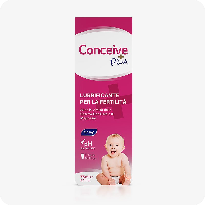 Conceive Plus Fertility Lubricant Combo Saver (IT) featuring a 75ml fertility lubricant tube next to its Italian-labeled retail box with a baby image and product details promoting sperm vitality with calcium and magnesium.