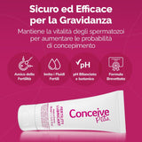Conceive Pots Fertility Lubricant tube on a vibrant magenta background with Italian text highlighting benefits for conception and sperm vitality.