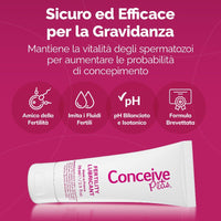 Conceive Pots Fertility Lubricant tube on a vibrant magenta background with Italian text highlighting benefits for conception and sperm vitality.