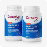Conceive Plus Men's Fertility Support (IT) twin pack featuring two front-facing supplement bottles, each with 60 vegetarian capsules for male reproductive health, shown with blue and white labeling on a white background.