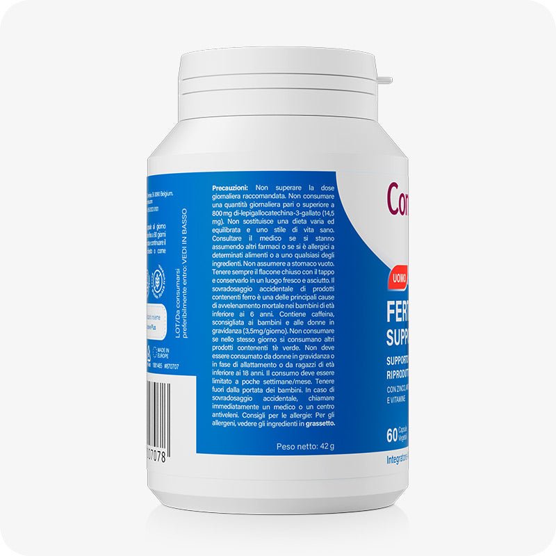 Conceive Plus Men's Fertility Support (IT) side label image displaying Italian-language usage precautions, warning text, and partial front label on a blue and white supplement bottle.