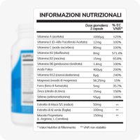 Conceive Plus Men's Fertility Support (IT) supplement facts chart in Italian, listing daily dose of 2 capsules with detailed vitamin, mineral, and herbal extract values for male fertility support.