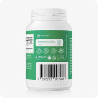 Back side of Conceive Plus Morning Sickness Relief supplement bottle showing product barcode and certifications. Green label features icons indicating product is vegan, non-GMO, preservative-free, and suitable for daily use. Text highlights that brand is trusted for family planning.