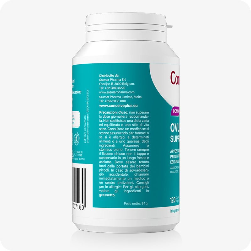 Conceive Plus Ovulation Bundle (IT) featuring side view of Ovulation Support bottle with Italian-language product warnings, dosage instructions, manufacturer contact details, and teal-colored label on display.