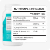 Conceive Plus Ovulation Bundle (IT) zoomed-in Italian supplement facts label for Ovulation Support, listing active ingredients including folic acid, myo-inositol, CoQ10, and ginger root extract per 4-capsule serving.