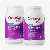 Conceive Plus Women's Combo - Fertility Support + Applicators (IT) featuring a twin pack of women’s fertility support supplements in white bottles with purple labels and teal “Donna” tags, each containing 60 vegetarian capsules, labeled in Italian to support conception preparation.