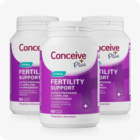 Conceive Plus Women's Combo - Fertility Support + Applicators (IT) featuring a triple pack of women’s fertility support supplements in white bottles with bold purple labels, teal “Donna” tags, and Italian text indicating 60 vegetarian capsules per bottle to support preconception health.