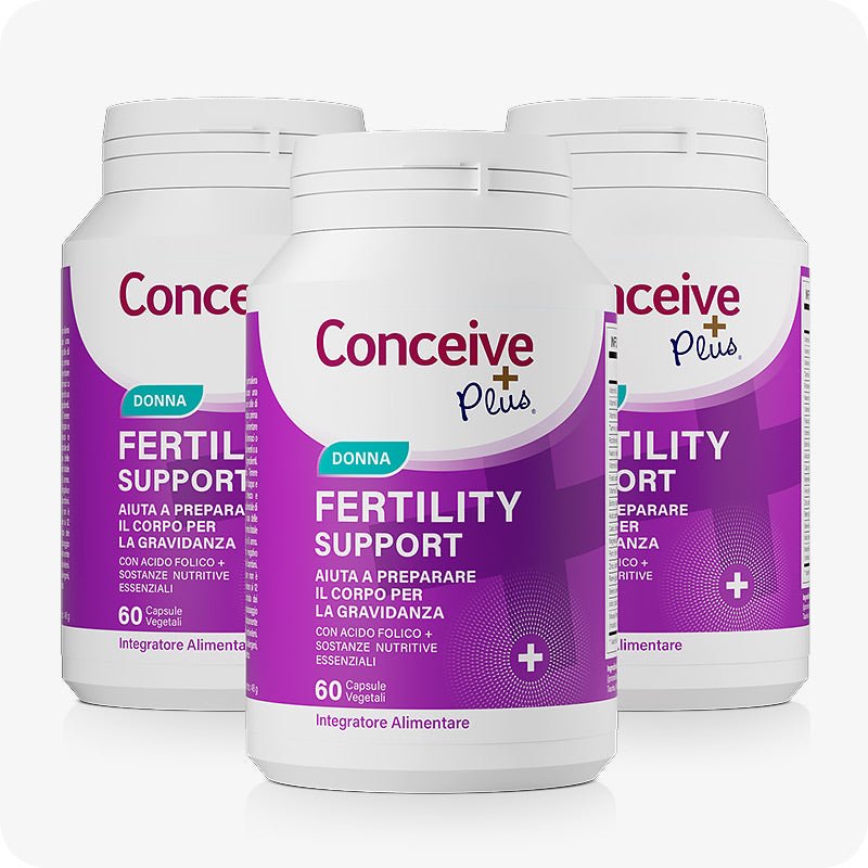Conceive Plus Women's Combo - Fertility Support + Applicators (IT) featuring a triple pack of women’s fertility support supplements in white bottles with bold purple labels, teal “Donna” tags, and Italian text indicating 60 vegetarian capsules per bottle to support preconception health.