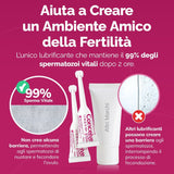 Italian promotional graphic for a fertility-friendly lubricant. The image features a white tube and two applicator drops of 'Concezione' by 'Altri Marchi' on a vibrant magenta background with Italian text overlays explaining its benefits for sperm vitality.