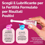 A hand holds a white tube of Conceive Petta fertility lubricant against a bright pink background with Italian text callouts about magnesium and calcium benefits.