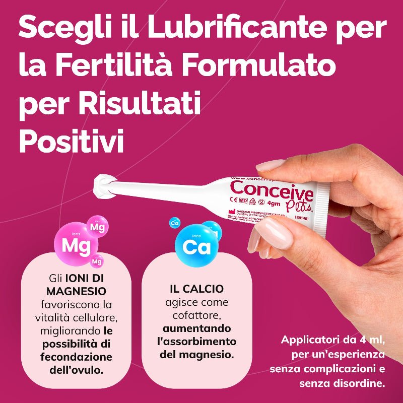 A hand holds a white tube of Conceive Petta fertility lubricant against a bright pink background with Italian text callouts about magnesium and calcium benefits.