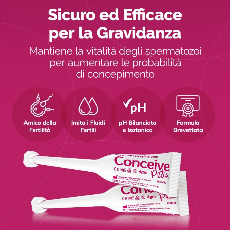 Two white Conceive Plus tubes of male fertility support supplement on a bright pink background with Italian marketing text and feature icons.